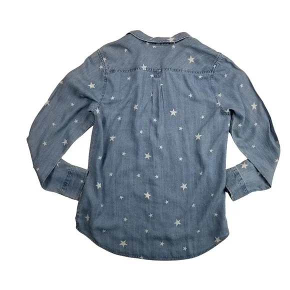 Natural Reflections Button Up Chambray Shirt Womens Sz M Star Print Blue Lyocell - Picture 2 of 14